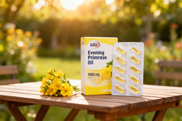 کپسول ایوینینگ پرایم رز اویل 1000 یوروویتال کنار گلهای زرد