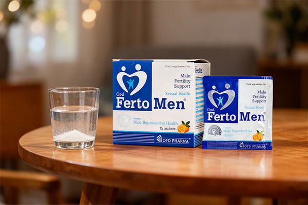 پودر فرتومن او پی دی فارما کنار لیوان آب